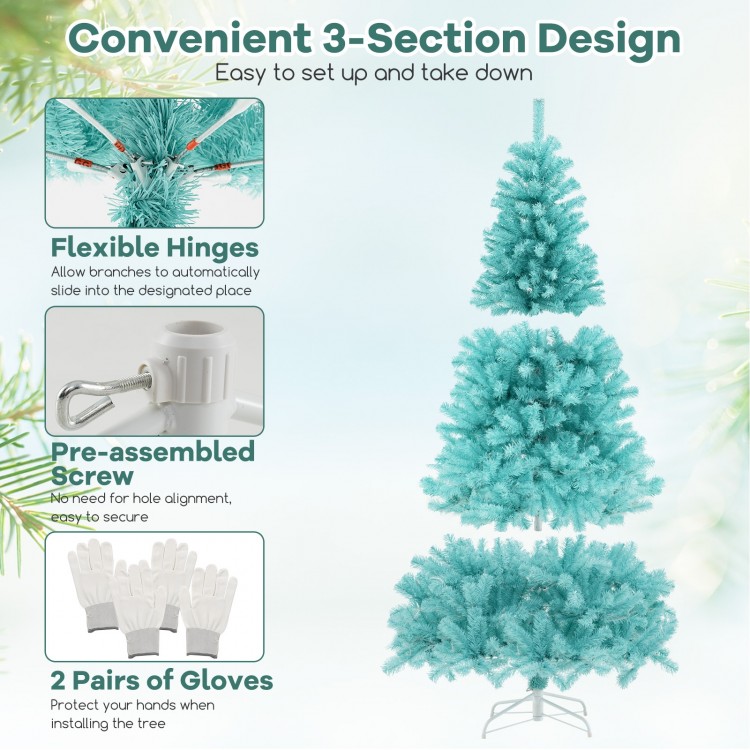 6 FT blue artificial Christmas tree with warm white LED lights, featuring a 3-section design for easy setup and.