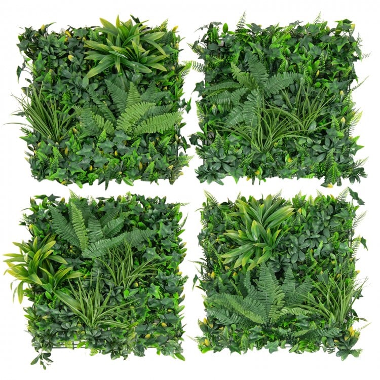 Four 20x20 inch artificial hedge boxwood panels featuring diverse leaves, ideal for privacy screens and green wall.