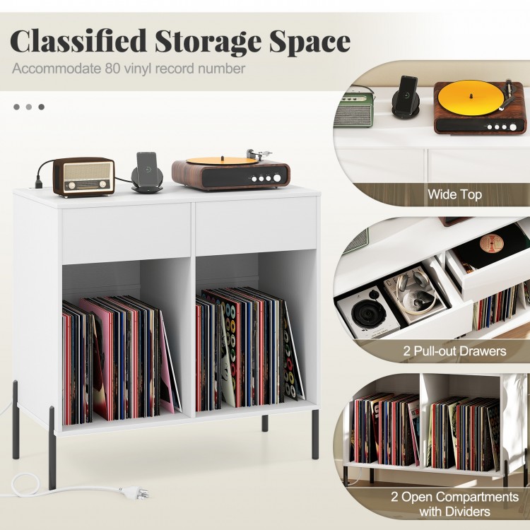 Double wide record player stand in white with 2 open compartments and 2 pull-out drawers for vinyl record storage.