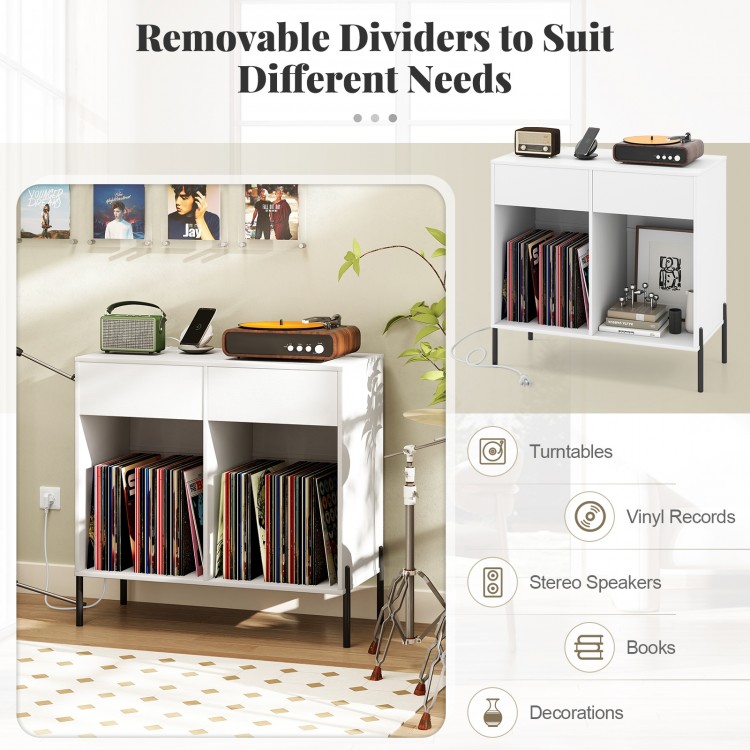 Double wide record player stand in white with removable dividers, accommodating 80 vinyl records and featuring power.
