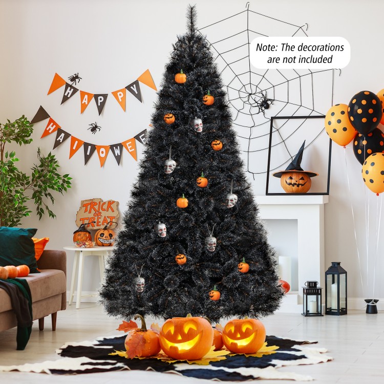 Black artificial Halloween Christmas tree with cool white LED lights, featuring a 3-section design for easy setup.