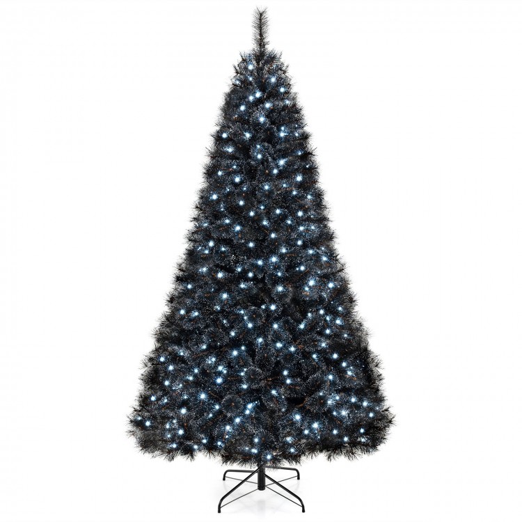 Black artificial Christmas tree with cool white LED lights, featuring PVC branch tips and a sturdy metal base for.