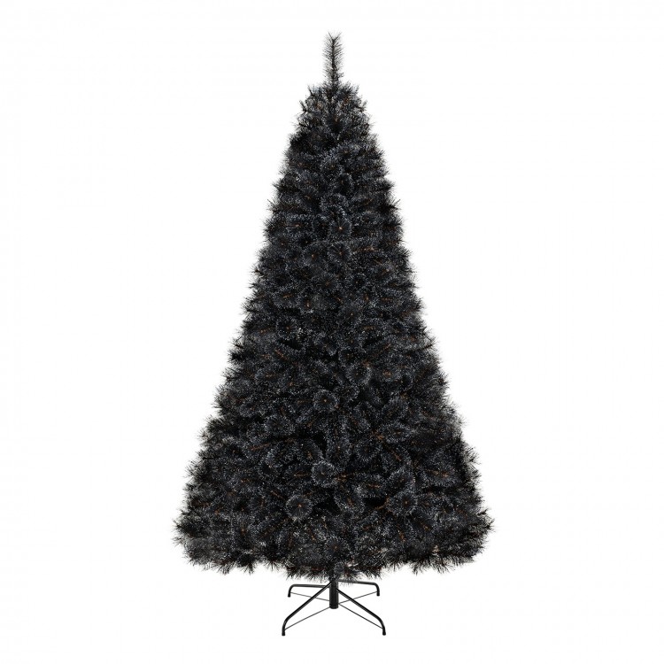 Black artificial Halloween Christmas tree with PVC branches and cool white LED lights, perfect for festive displays.