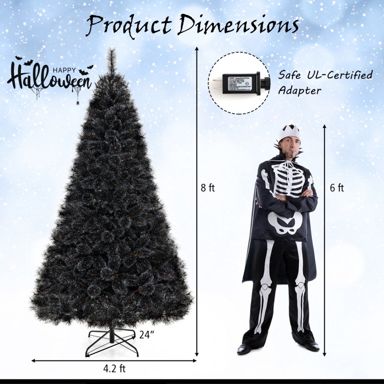 8-foot black artificial Halloween Christmas tree with PVC branch tips and cool white LED lights, perfect for festive.