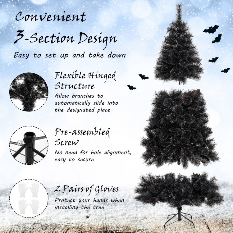 Black artificial Halloween Christmas tree with PVC tips, 210/320/450 LED lights, and convenient 3-section design for.