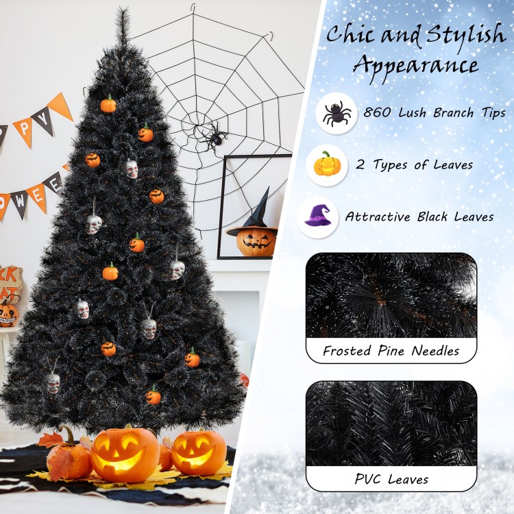 Black artificial Halloween Christmas tree with PVC branch tips, pre-lit with cool white LED lights, perfect for festive.