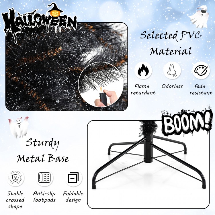 Black artificial Halloween Christmas tree with PVC branch tips and cool white LED lights, featuring a sturdy metal base.
