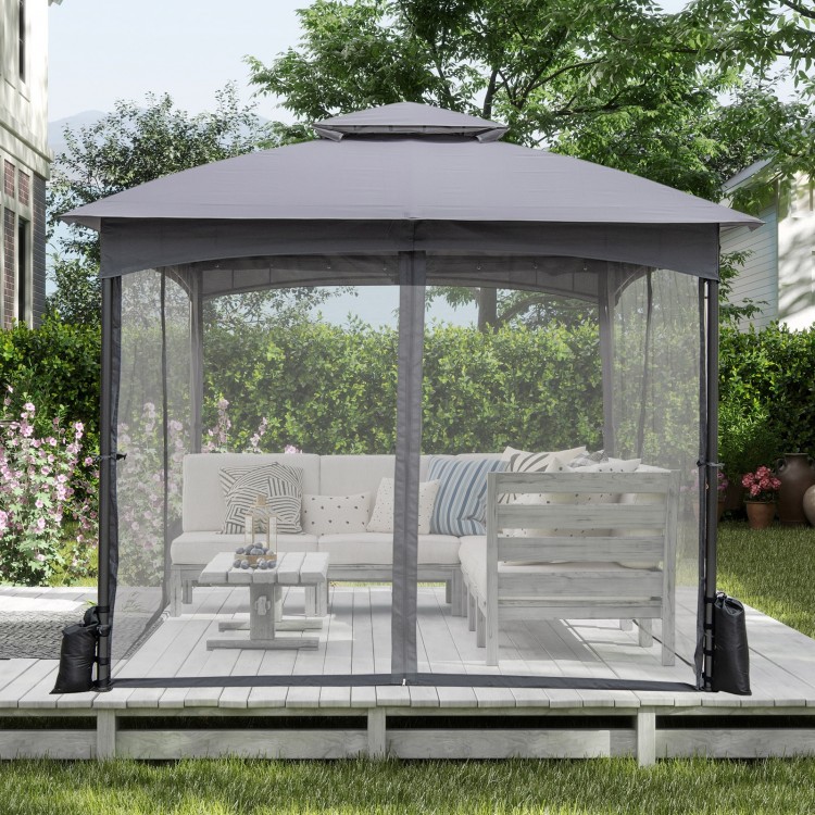 10x10 ft gray patio gazebo with mesh walls, zippered doors, and sandbags for stability, ideal for outdoor gatherings.