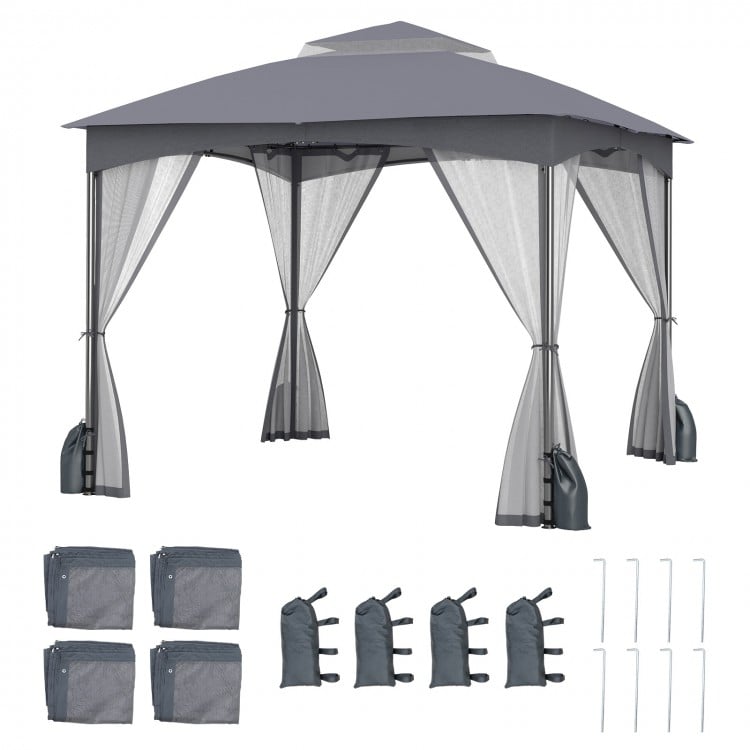 10x10 ft heavy-duty gray patio gazebo with netting walls, sandbags, and accessories for outdoor stability and.