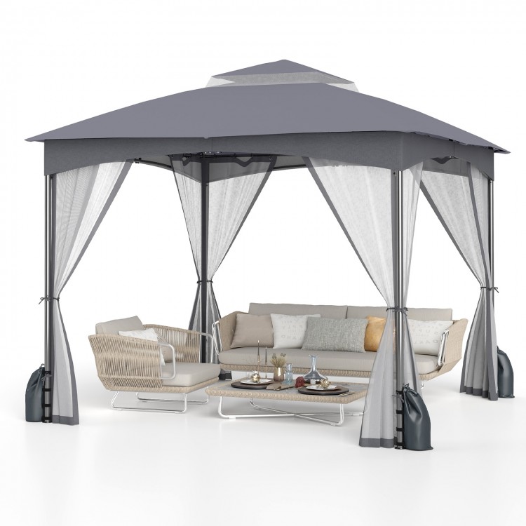 10x10 FT gray patio gazebo featuring mesh sidewalls, zippered doors, and sturdy frame for outdoor gatherings.