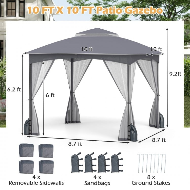 10x10 FT heavy-duty patio gazebo in gray with mesh sidewalls, sandbags, and reinforced frame for outdoor stability.