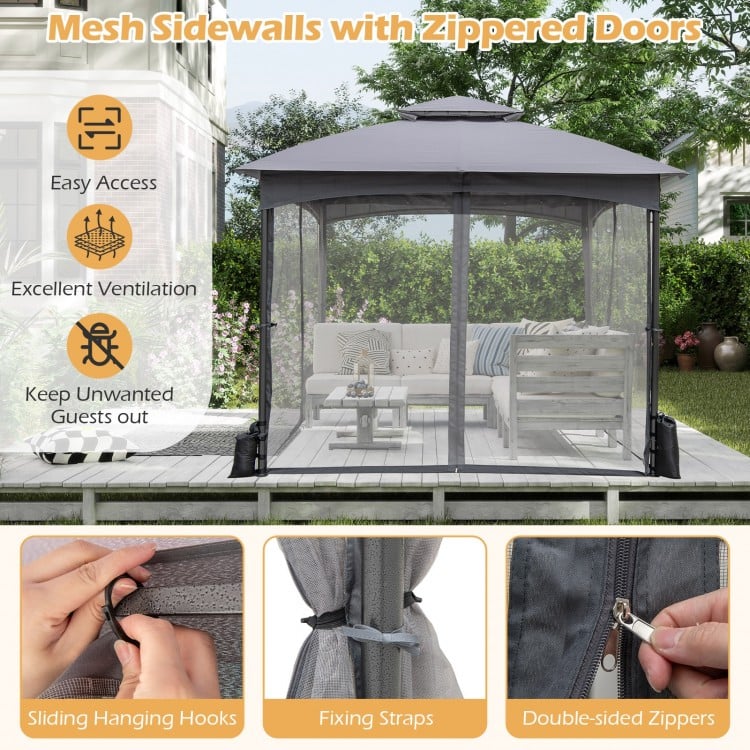 10x10 ft gray patio gazebo with mesh sidewalls, zippered doors, and sandbags for stability and ventilation.
