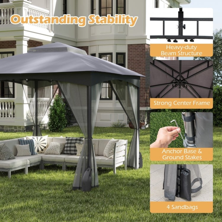 10x10 FT gray heavy-duty patio gazebo with netting walls, strong center frame, and 4 sandbags for stability.