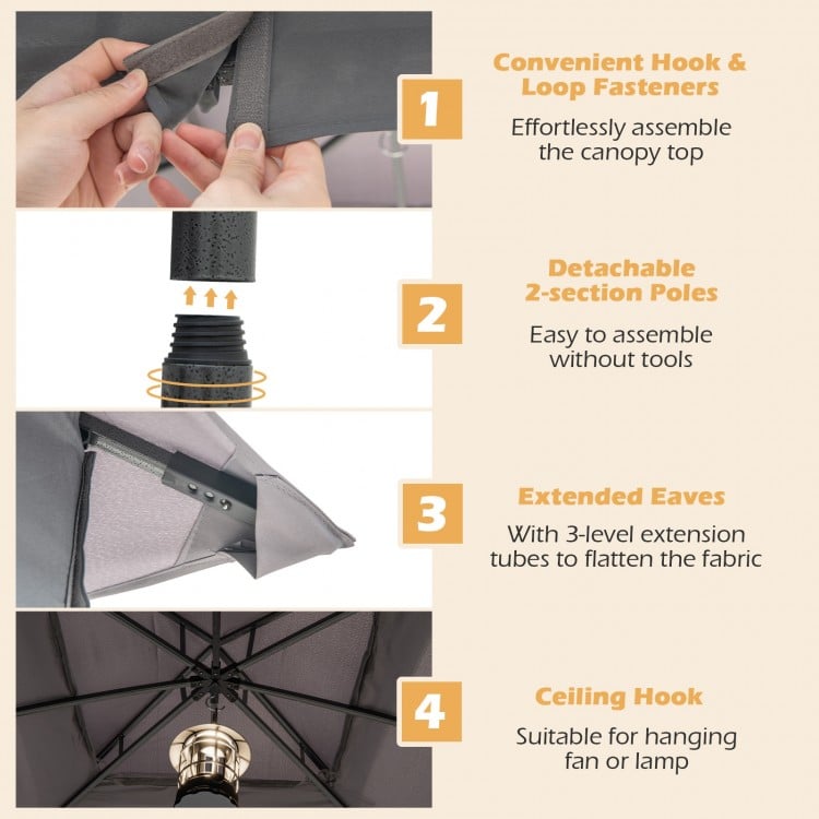 Detail of the 10x10 ft gray patio gazebo showing detachable poles, hook fasteners, and extended eaves for stability.