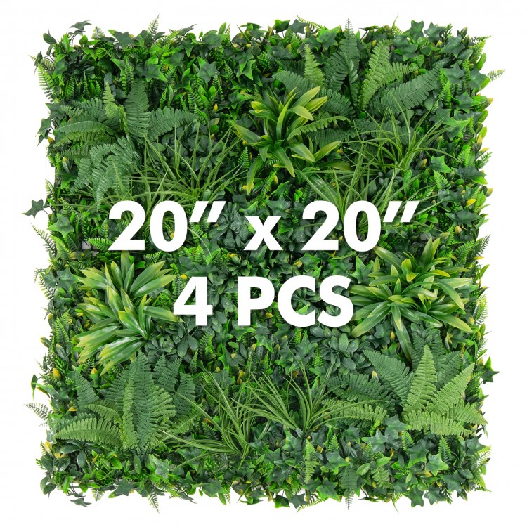 Four 20" x 20" artificial hedge boxwood panels with diverse leaves, ideal for privacy screens and green wall backdrops.