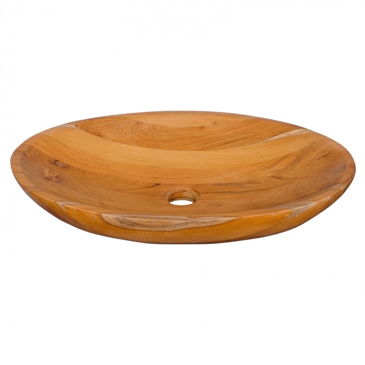 Teak wood washbasin with drainage hole, 23.5"x16", ideal for kitchens and bathrooms, featuring rounded corners.
