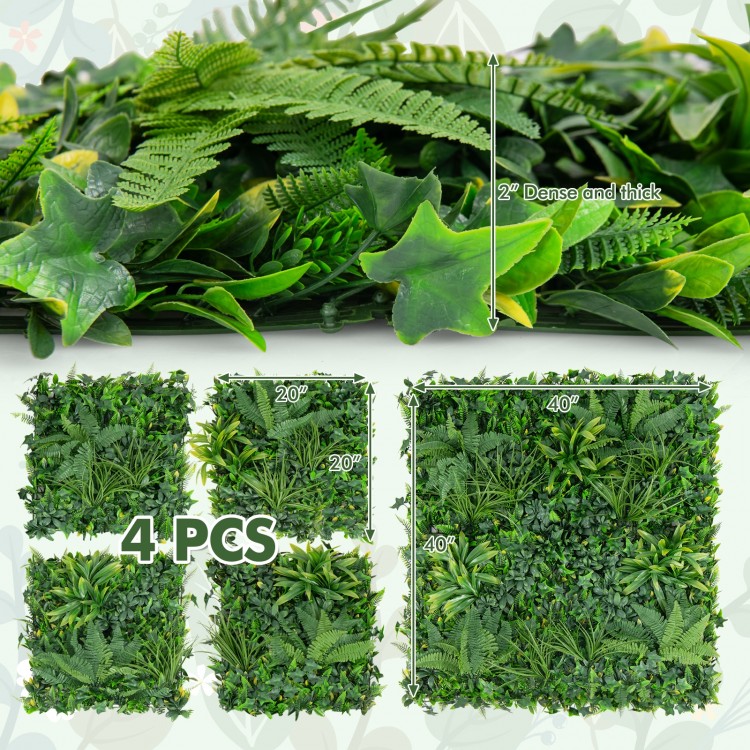 Four 20"x20" artificial hedge boxwood panels with diverse leaves, ideal for creating privacy screens or green wall.