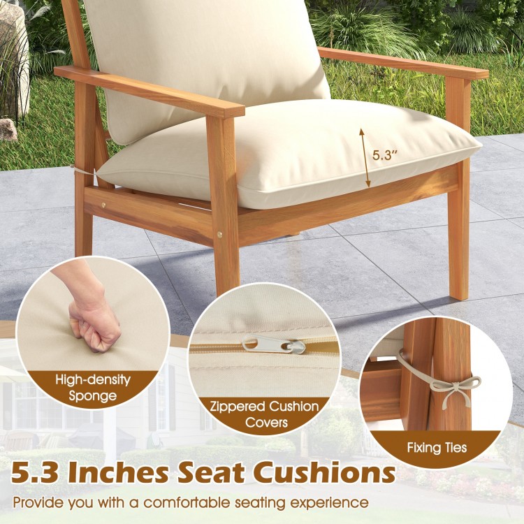 Close-up of the 5.3-inch seat cushion on an acacia wood armchair, featuring zippered covers and fixing ties for outdoor.