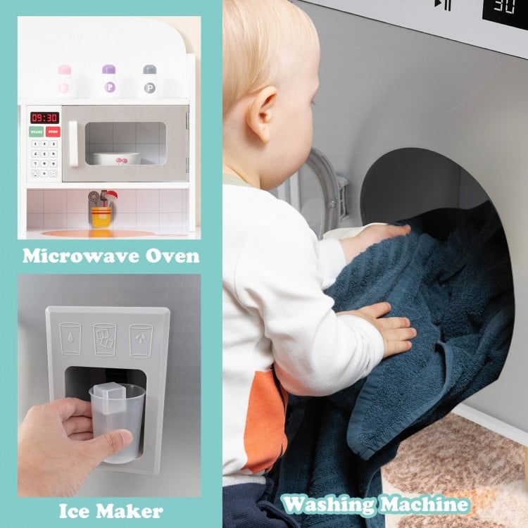 Kids kitchen playset featuring a microwave, ice maker, and washing machine for imaginative role-playing fun.