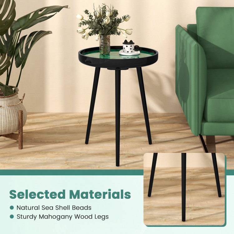 Mid-century modern coffee end table with natural sea shell beads and sturdy mahogany wood legs, perfect for stylish.