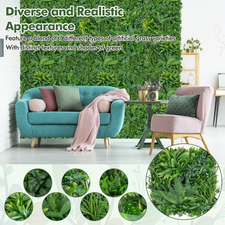 Four 20x20 inch artificial hedge boxwood panels with diverse leaves, ideal for creating privacy screens indoors or.