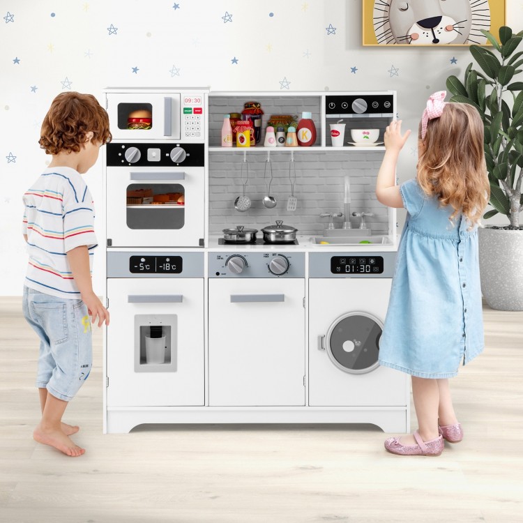 Wooden pretend play kitchen set in white with real lights and sounds, featuring stove, sink, and washing machine for.