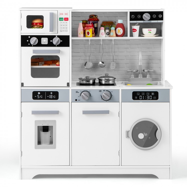 Wooden pretend play kitchen set in white with lights and sounds, featuring a sink, stove, microwave, and washing.