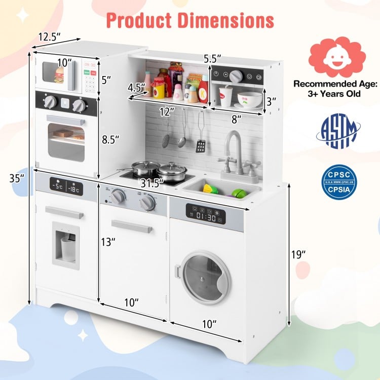 Dimensions of the white pretend play kitchen toy set with sink, stove, and oven for immersive role-playing fun.