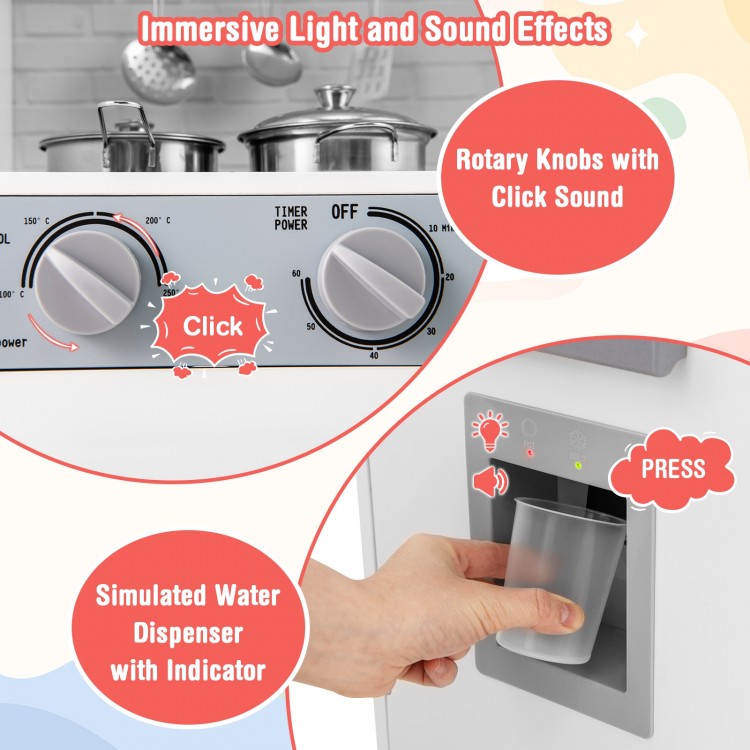 Pretend play kitchen set with rotary knobs, water dispenser, and realistic lights and sounds for immersive role play.