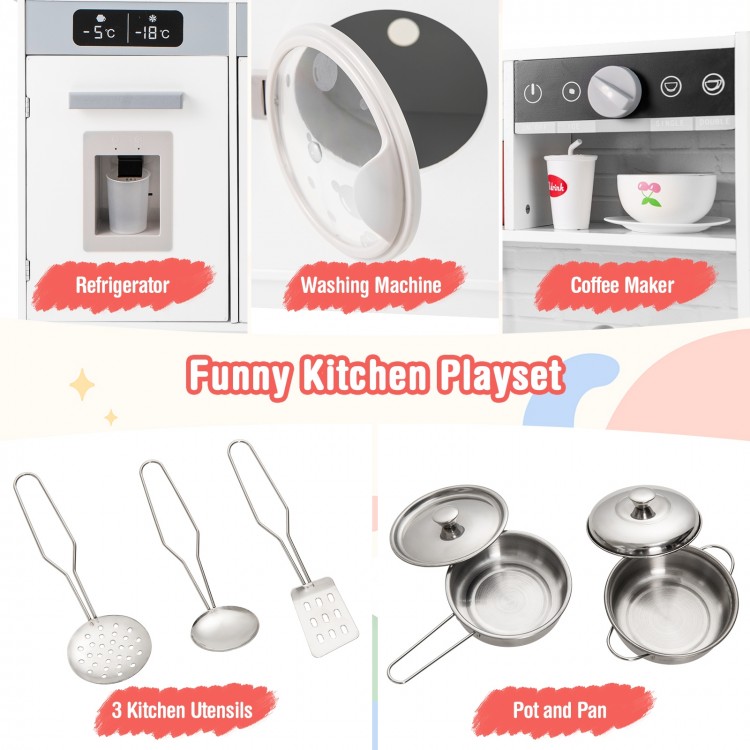 Pretend play kitchen set featuring a refrigerator, washing machine, coffee maker, and 3 kitchen utensils for immersive.