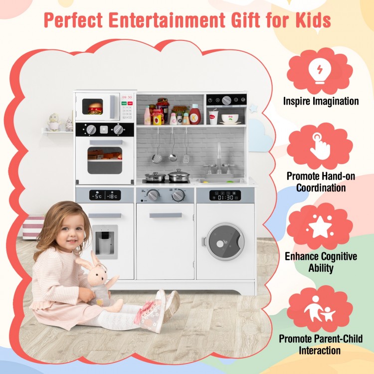 Pretend play kitchen wooden toy set with realistic lights and sounds, featuring a sink, stove, and washing machine for.