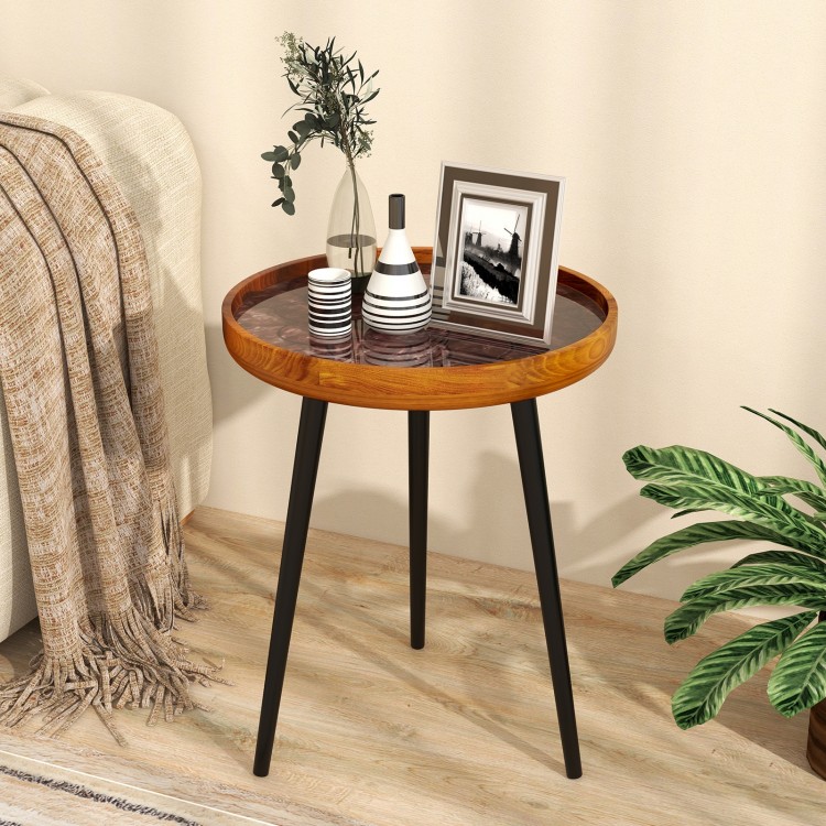 Round end table with sea shell decoration and epoxy resin finish, featuring a brown teak wood top and sturdy mahogany.