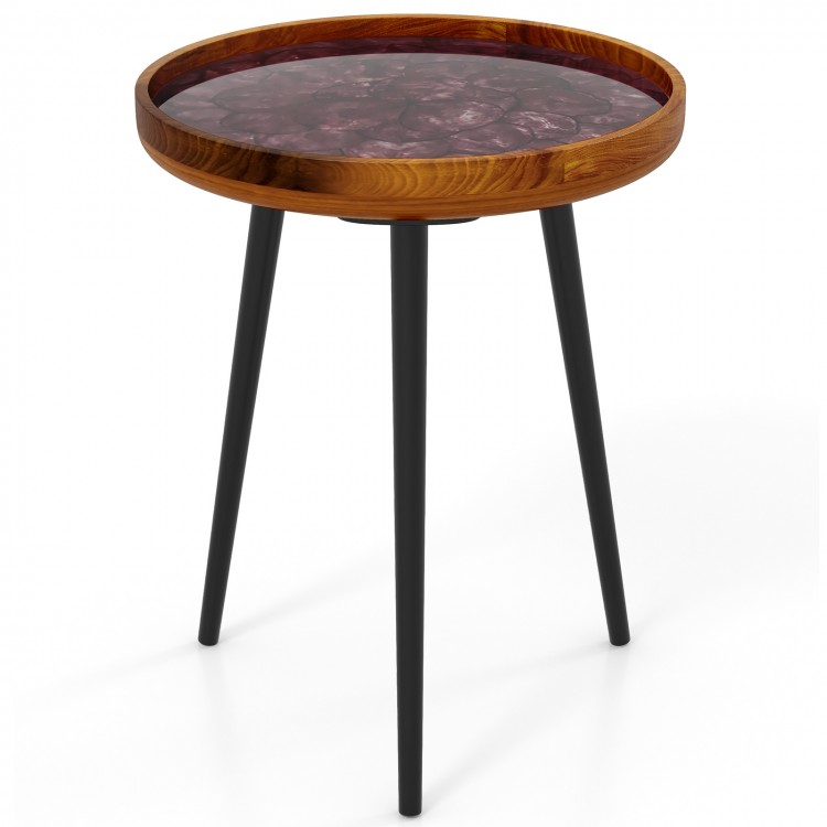 16-inch round end table showcasing a handmade sea shell tabletop and epoxy resin finish, perfect for stylish decor.