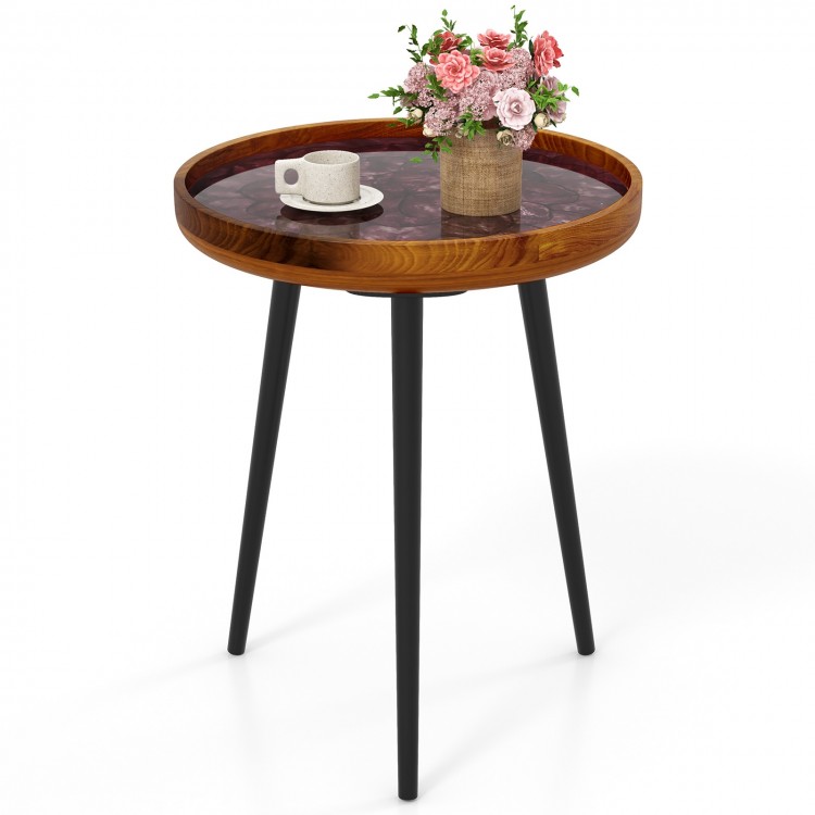 Round end table with sea shell decoration and epoxy resin finish, featuring sturdy mahogany legs for home decor.