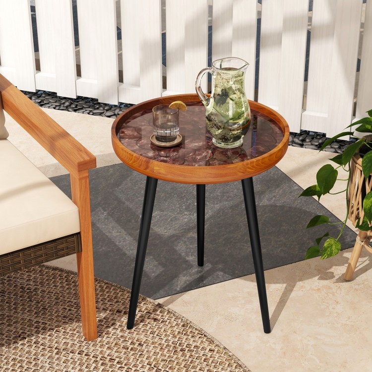 Round end table with sea shell decoration and epoxy resin finish, featuring teak wood top and sturdy mahogany legs for.