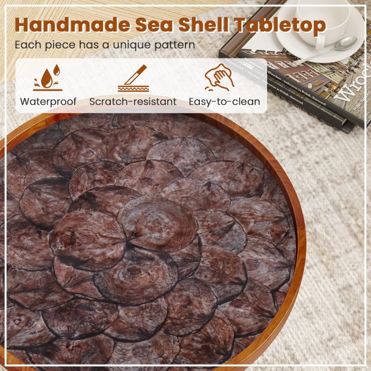 16-inch round end table featuring a unique handmade sea shell tabletop with epoxy resin finish for durability and style.