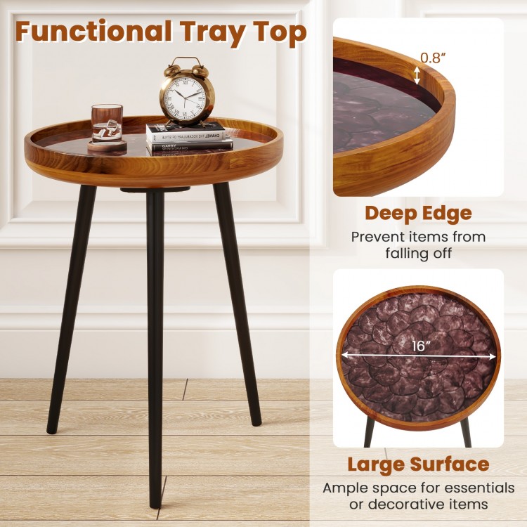 Round end table with sea shell decoration and epoxy resin finish, featuring a deep tray top for essentials and sturdy.