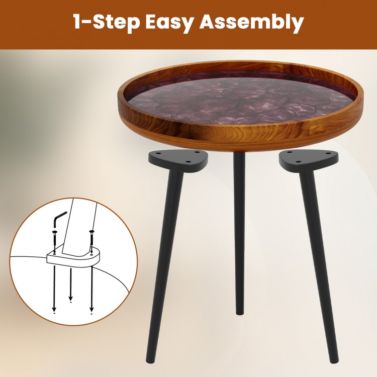 16-inch round end table with sea shell decoration and epoxy resin finish, featuring sturdy mahogany legs for easy.