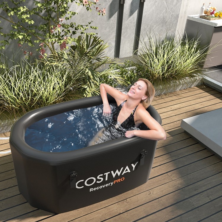 XL 129-gallon black ice bath tub with cover, designed for athletes, providing cold therapy for muscle recovery.