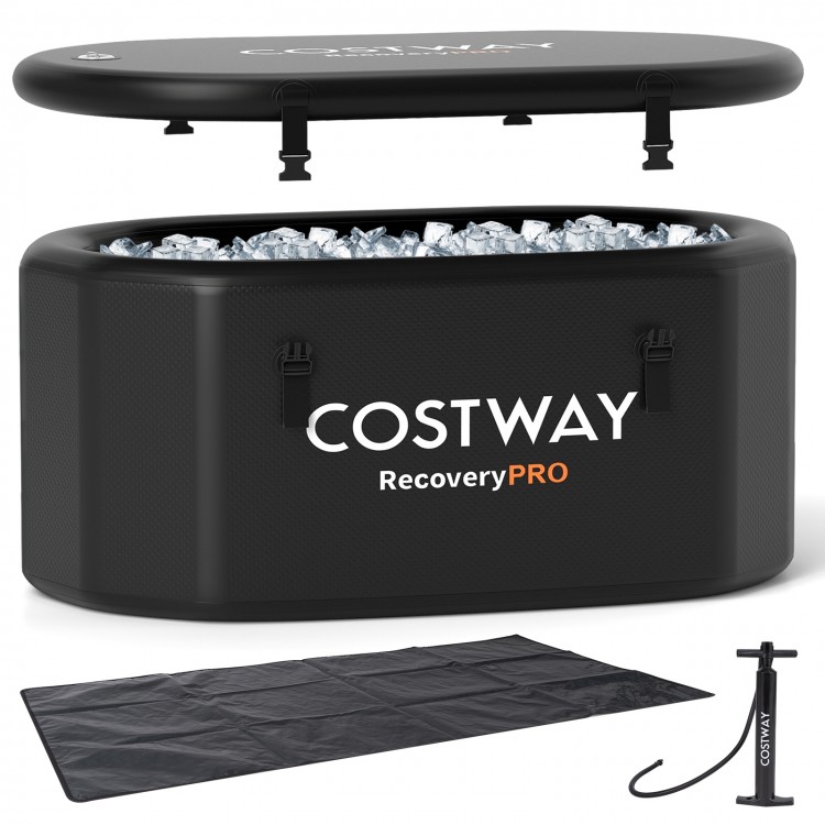 XL 129-gallon black ice bath tub with cover and hand pump, designed for athletes, ideal for cold plunge therapy.