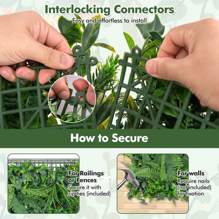 Interlocking connectors for 20x20 inch artificial hedge panels, ideal for fences or walls, maintenance-free greenery.