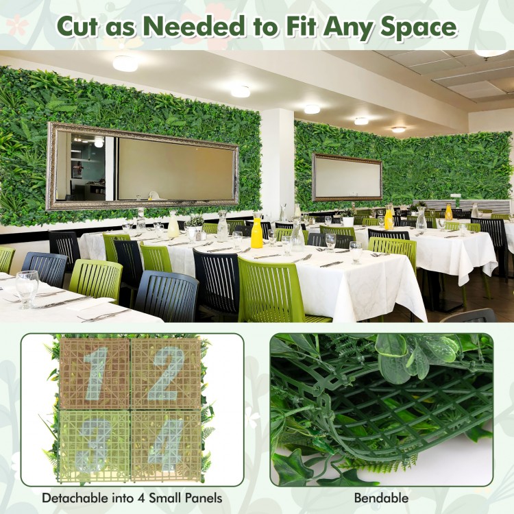 Artificial hedge boxwood panels, 20" x 20", featuring diverse leaves, ideal for creating privacy screens indoors or.