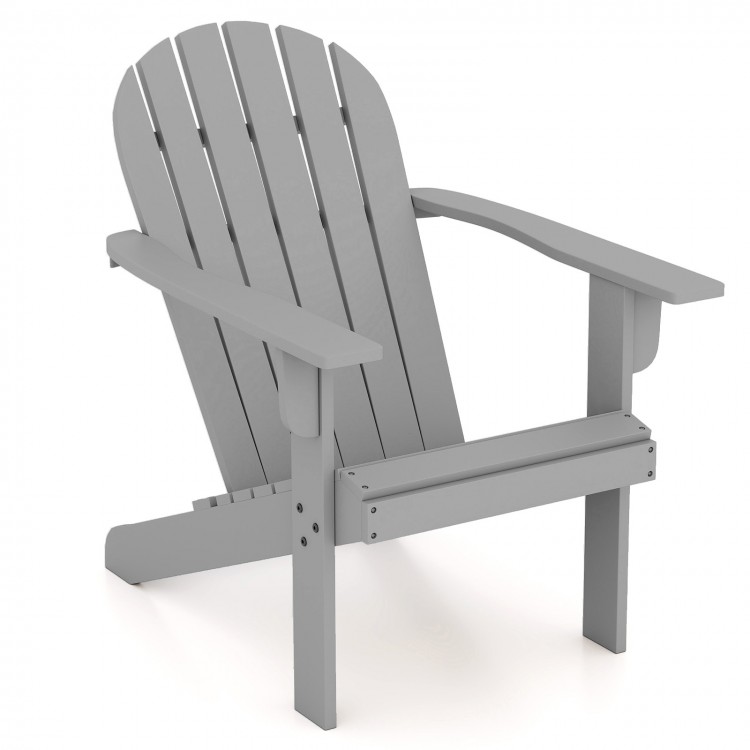 Gray acacia wood Adirondack chair with inclined seat and wide armrests, perfect for backyard and poolside relaxation.