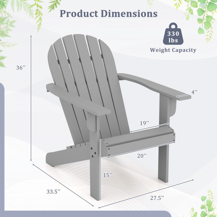 Gray acacia wood Adirondack chair dimensions: 36" high, 19" wide, 20" deep, with a 330 lbs weight capacity.
