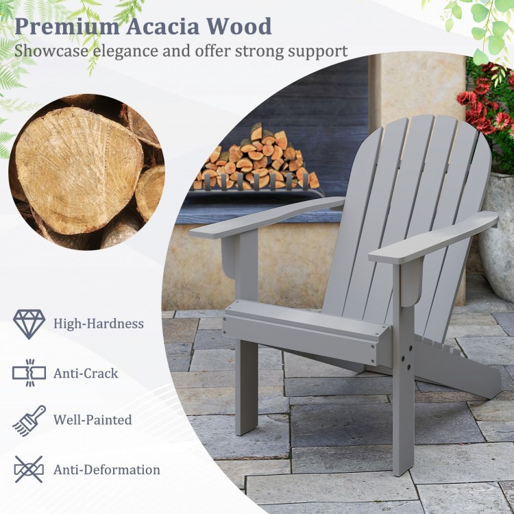 Single gray acacia wood Adirondack chair featuring a high backrest and slatted design, ideal for outdoor use in any.