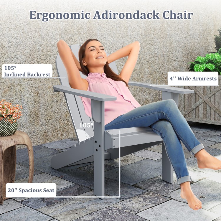 Ergonomic gray acacia wood Adirondack chair with inclined seat and wide armrests, ideal for backyard relaxation.