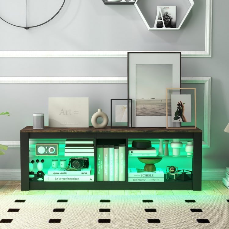 Modern TV stand in brown with LED lights, adjustable shelves, and cable management for TVs up to 65 inches.