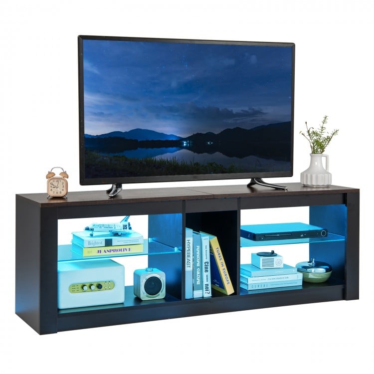 Modern TV stand in brown featuring a wide tabletop for TVs up to 65 inches, with adjustable glass shelves and LED.