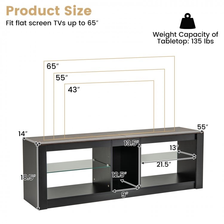 Modern TV stand with adjustable shelves, designed for TVs up to 65 inches, featuring LED lights and cable management.