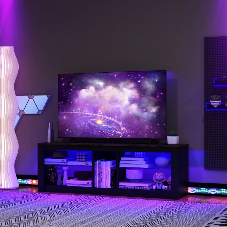 Modern TV stand with LED light, adjustable shelves, and a wide tabletop for TVs up to 65 inches, enhancing your living.
